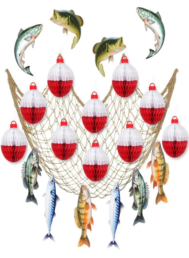 Silipull Gone Fishing Party Decorations Set Includes Bobber Honeycomb Balls Cute Cardstock Photo Prop Fish Net Decorations Party Banner for Fishing Birthday Table Dessert Supply - Image 1